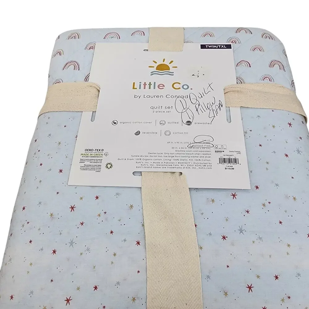 NIP LC Lauren Conrad Twin XL Quilt Set Blue Rainbow Star Organic Cotton